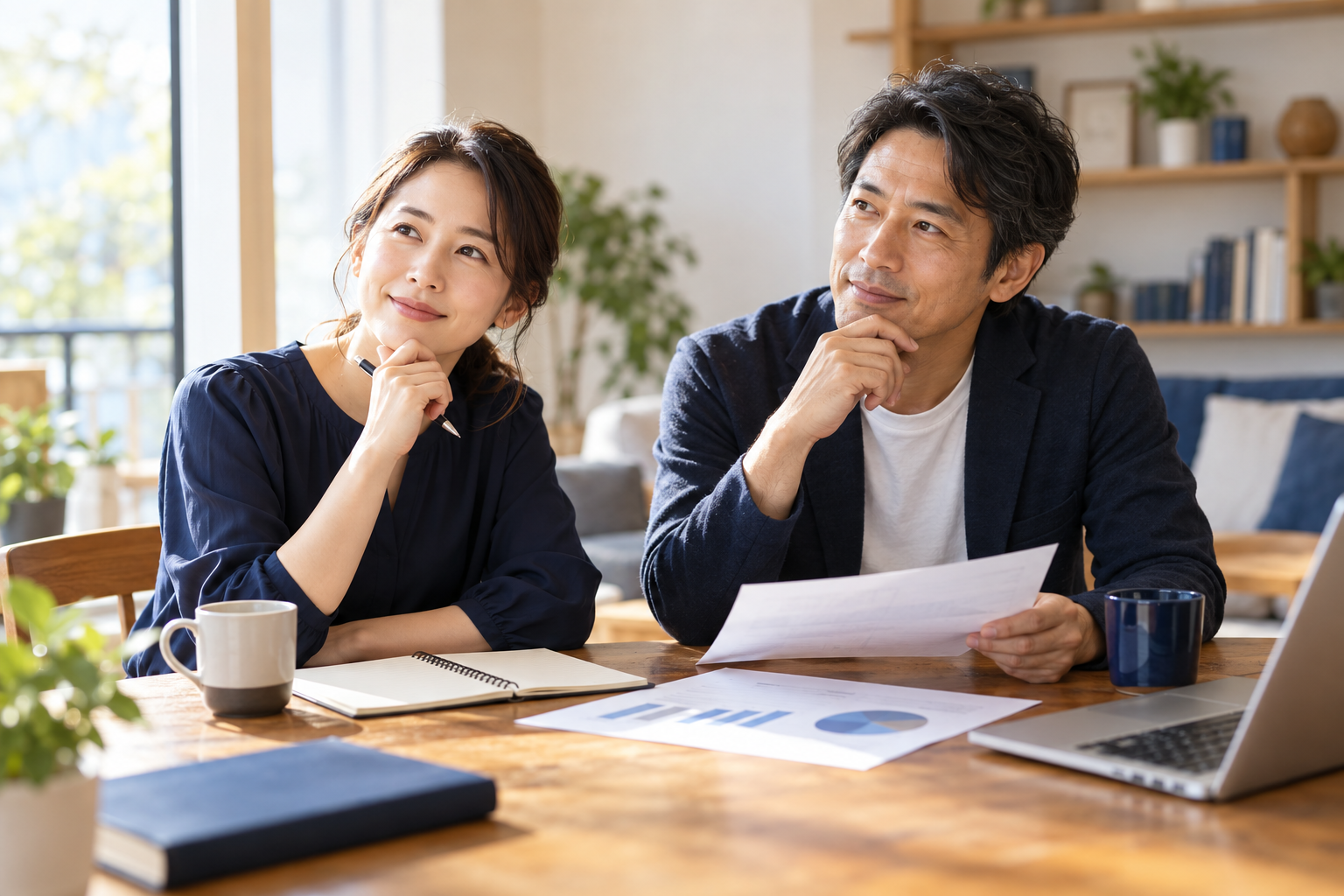 ノートと資料を囲み、これからの暮らしを話し合う二人のイメージ写真
