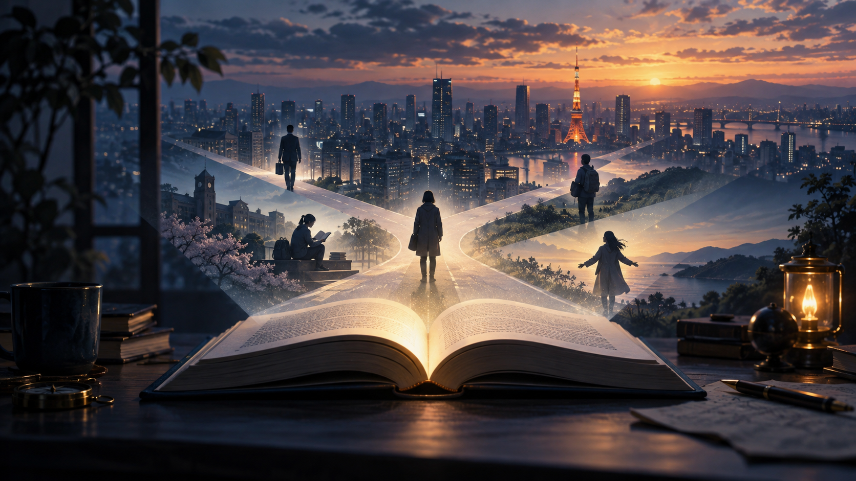 開いた本から東京の夕景へ光が広がり、人々がそれぞれの道を選ぶイラスト