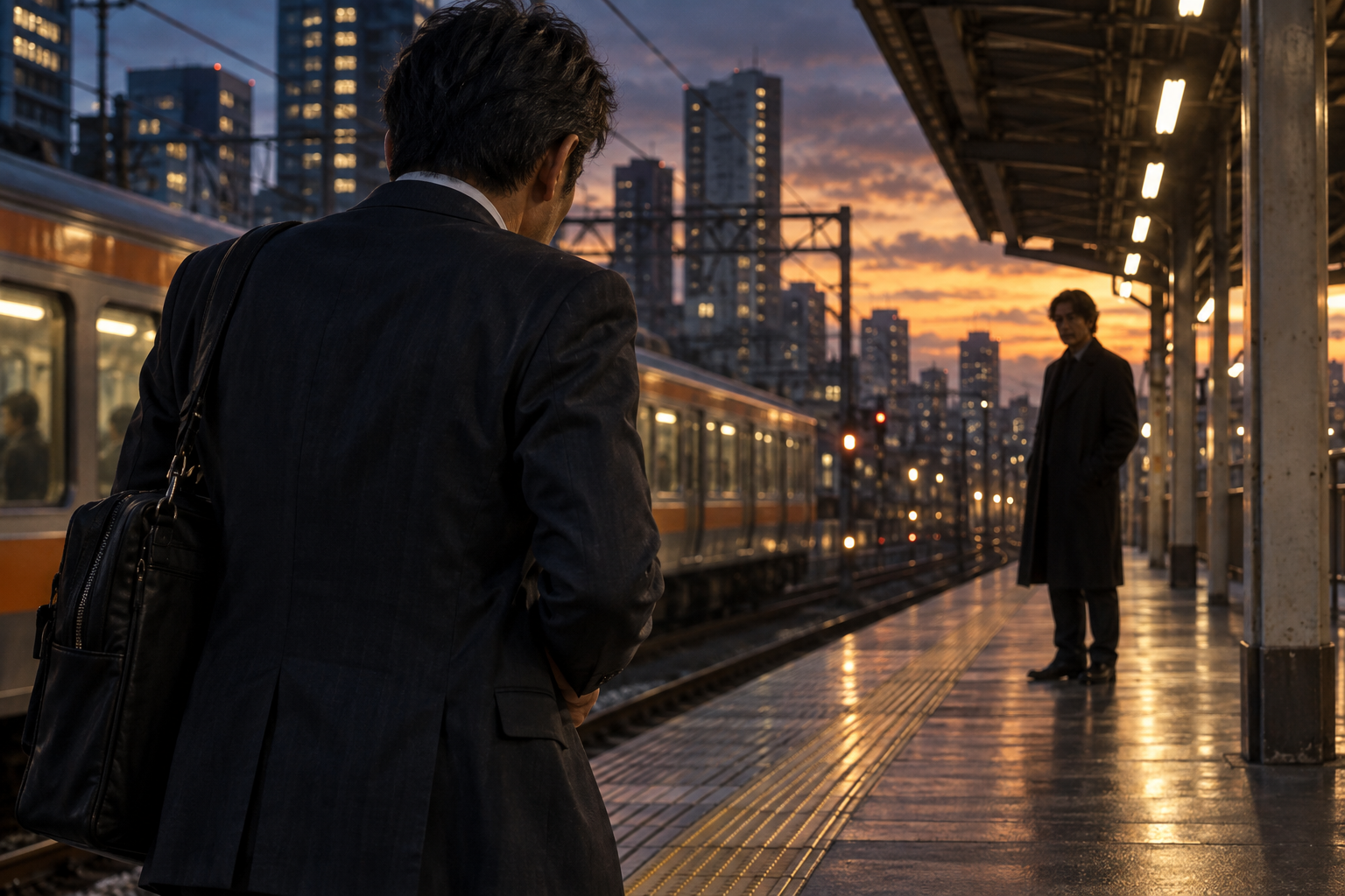 夕暮れの中央線ホームで佐久間が黒い服の男と向き合う