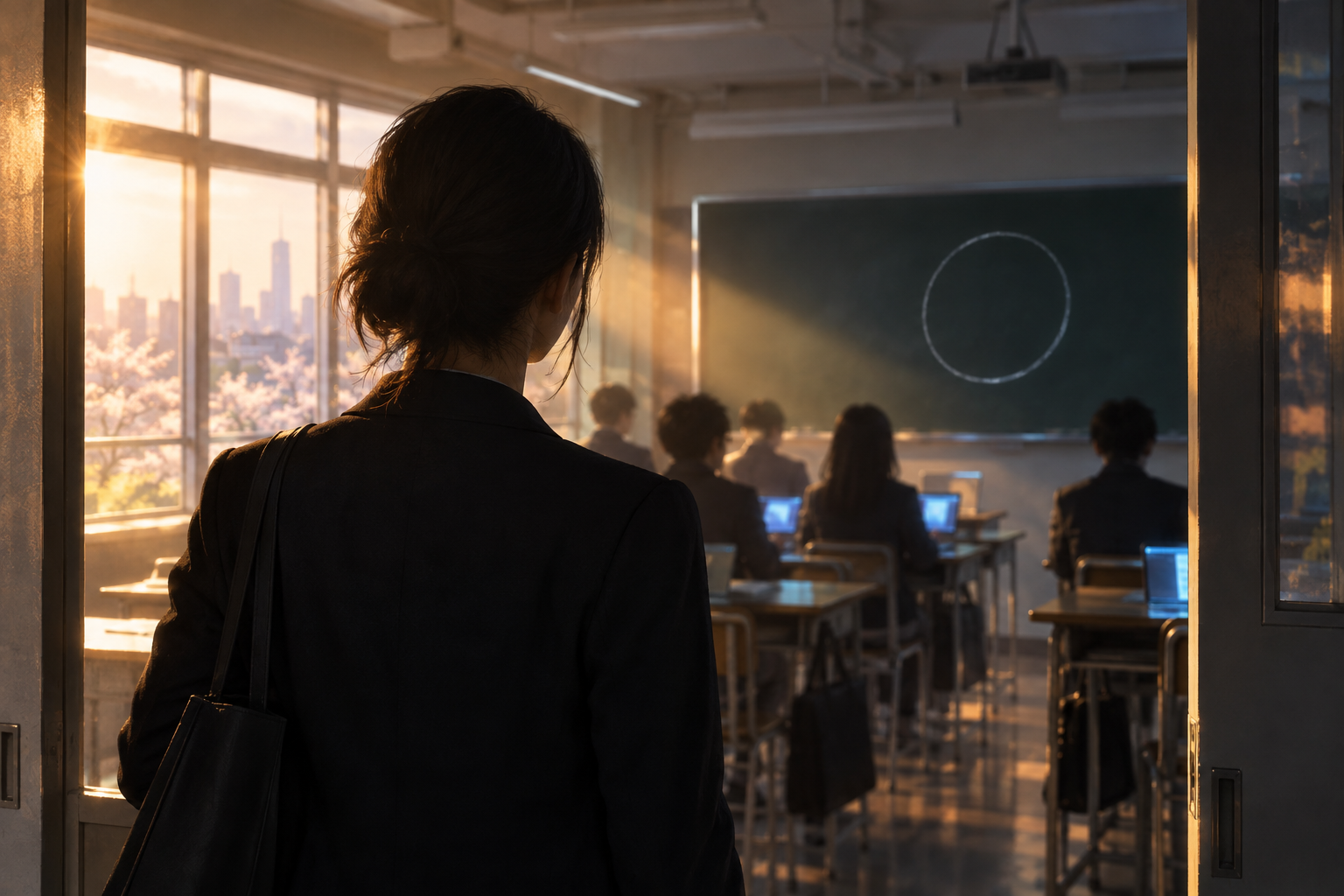 朝の教室の入口に立つ人物と、黒板に残る答えのない問い