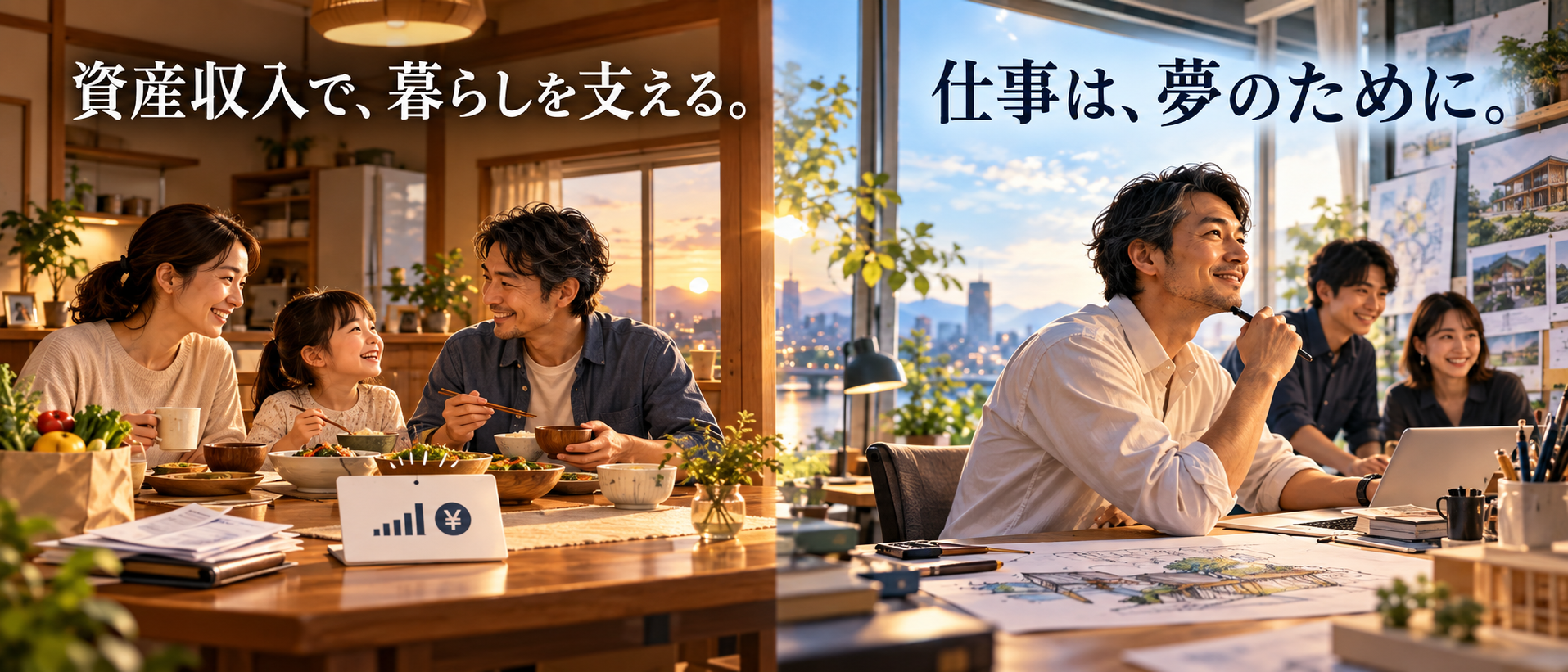 資産収入で暮らしを支え、仕事は夢のために取り組む家族と経営者のイラスト