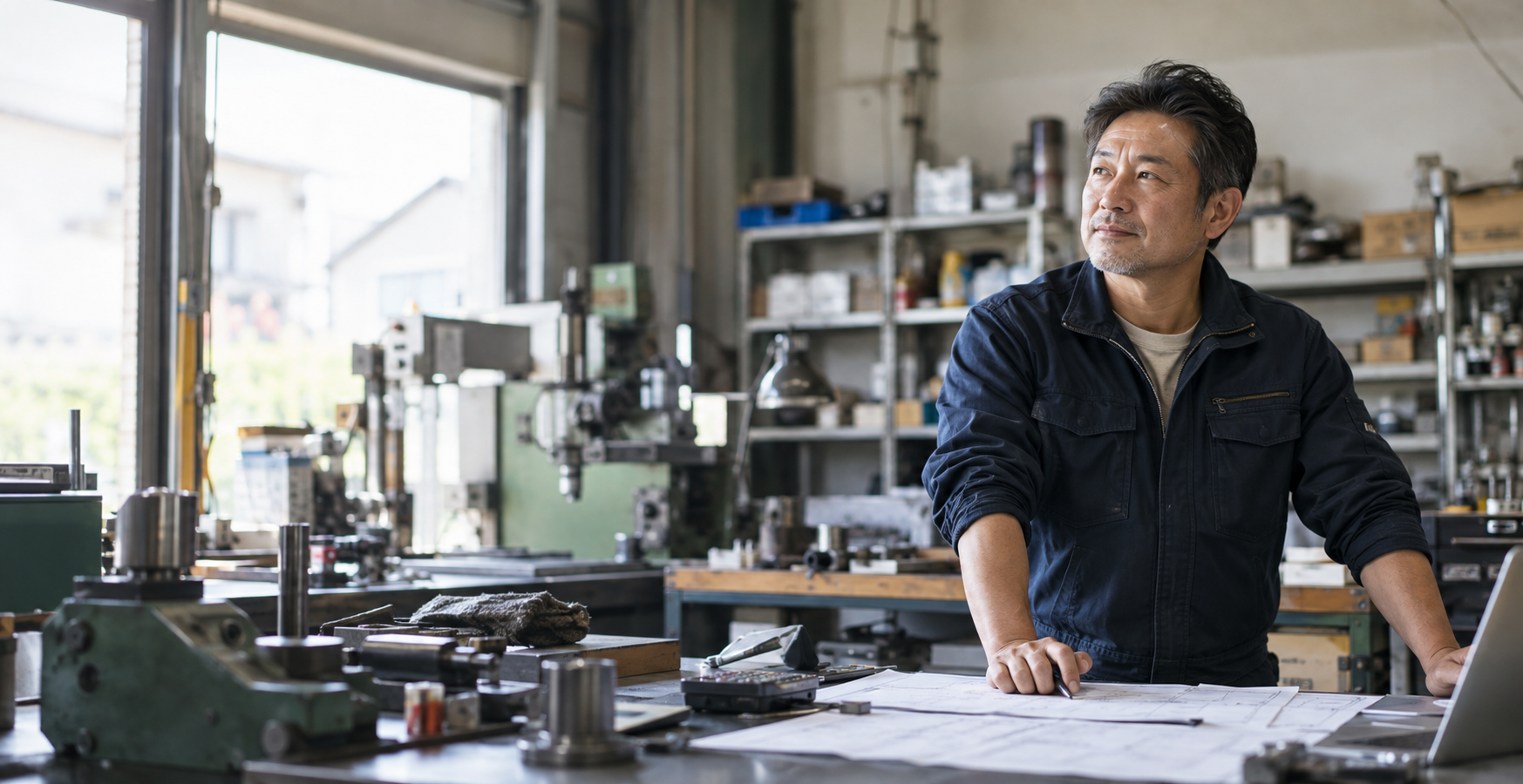 町工場の作業場で事業のこれからを考える中小企業経営者のイメージ写真